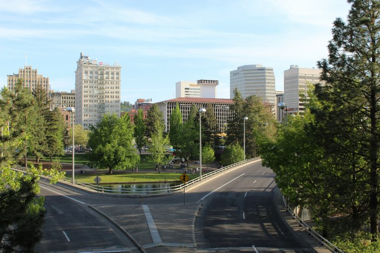 Downtown Spokane Washington viewed from Riverfront Park at sunset