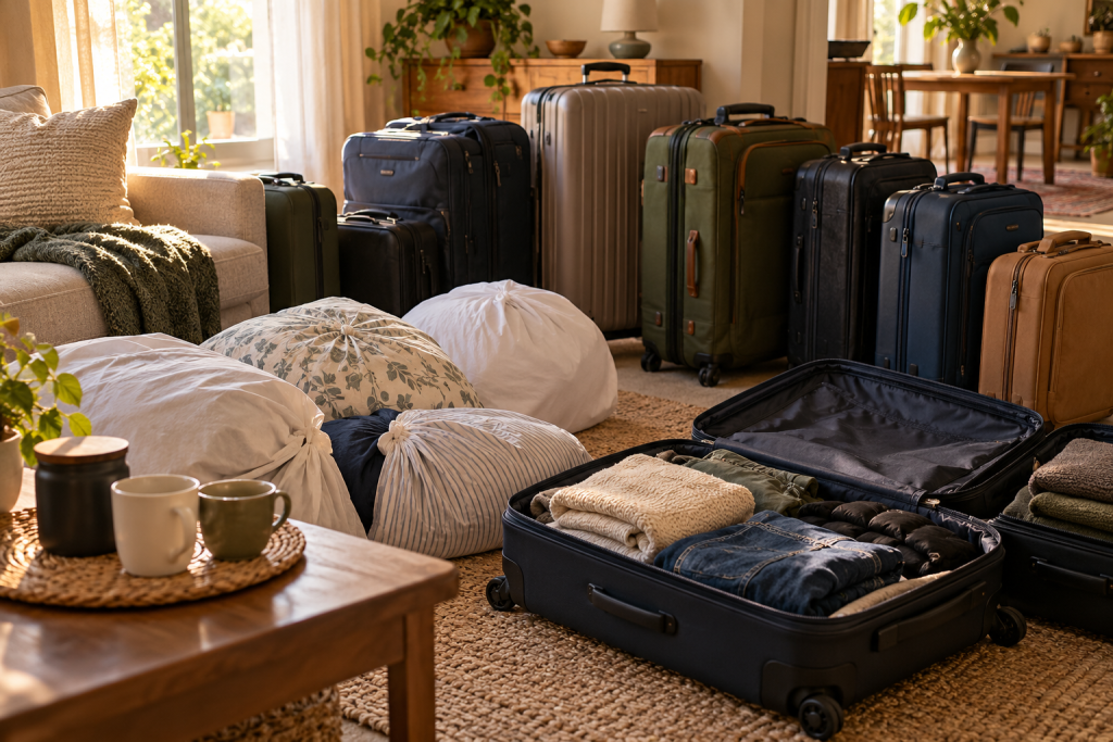 Suitcases and pillowcases filled with rolled puffer jackets as a family packs to move from South Africa to America.